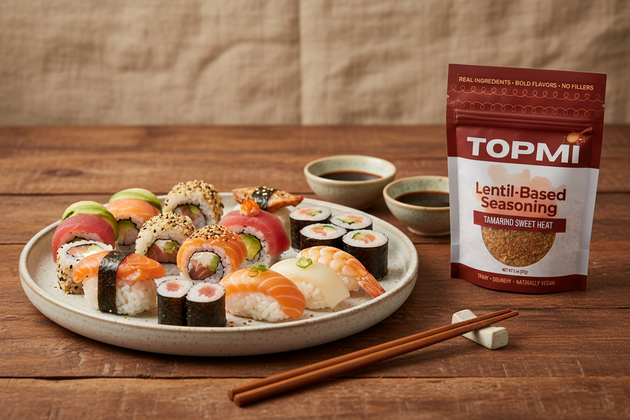 Sushi plate with maroon Topmi pack